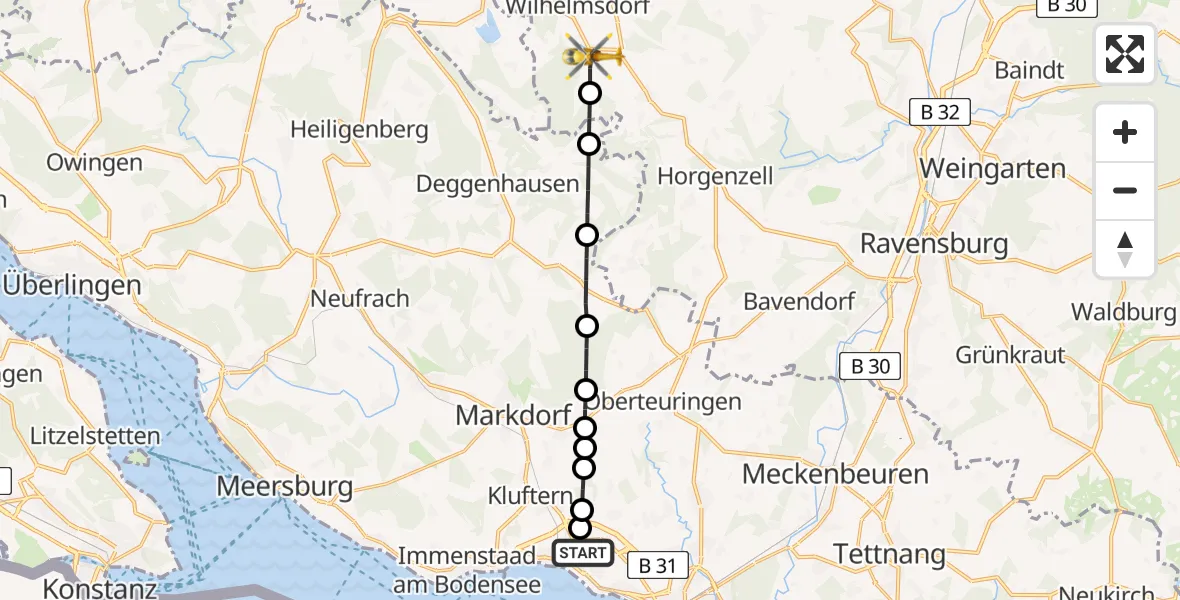 Flugroute Rettungshubschrauber Friedrichshafen Hospital Heliport - Wilhelmsdorf, 25 Februar 2026, 11:39