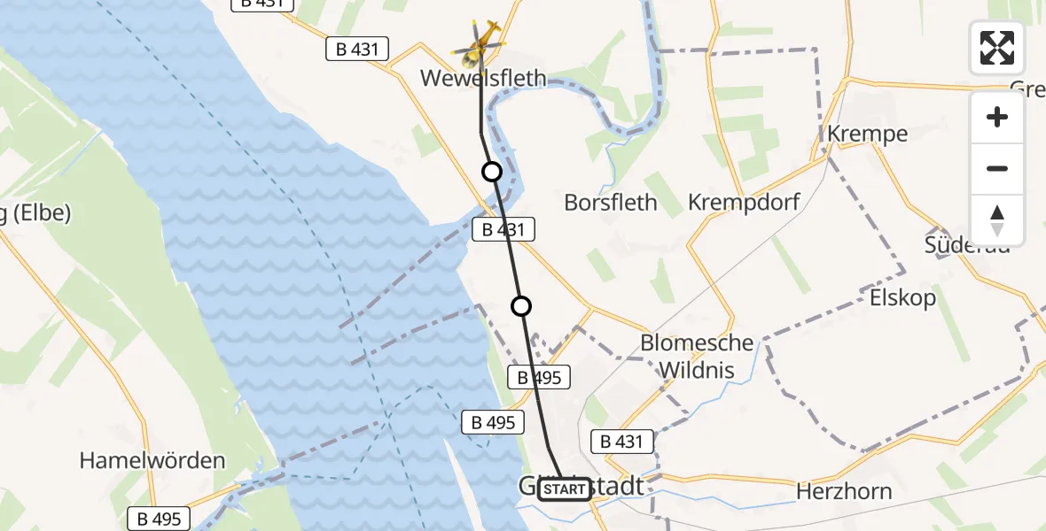 Flugroute Rettungshubschrauber Glückstadt - Wewelsfleth, 25 Februar 2026, 11:43