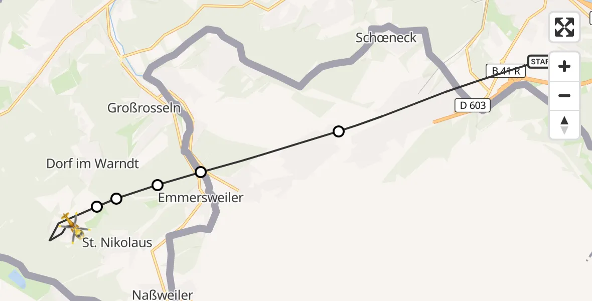 Flugroute Rettungshubschrauber Saarbrücken - Karlsbrunn, 25 Februar 2026, 11:54