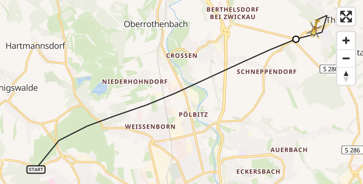 Flugroute Rettungshubschrauber Zwickau - Mülsen, 25 Februar 2026, 12:03