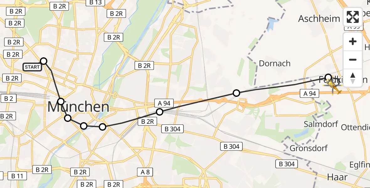 Flugroute Rettungshubschrauber Deutsches Herzzentrum München Heliport - Feldkirchen, 25 Februar 2026, 12:07