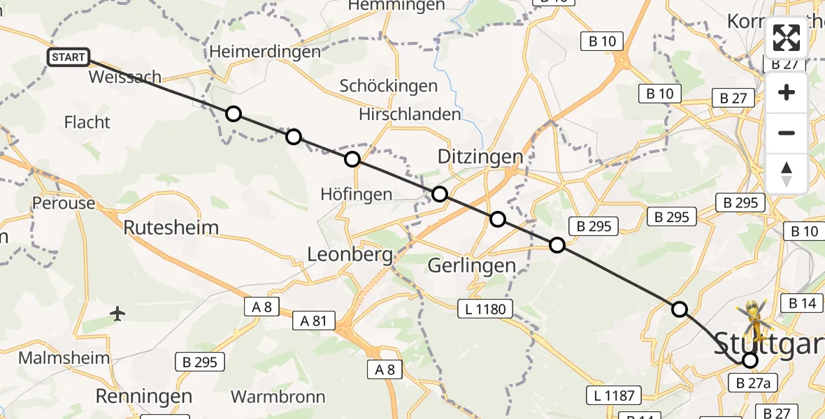 Flugroute Rettungshubschrauber Weissach - Stuttgart, 25 Februar 2026, 12:09