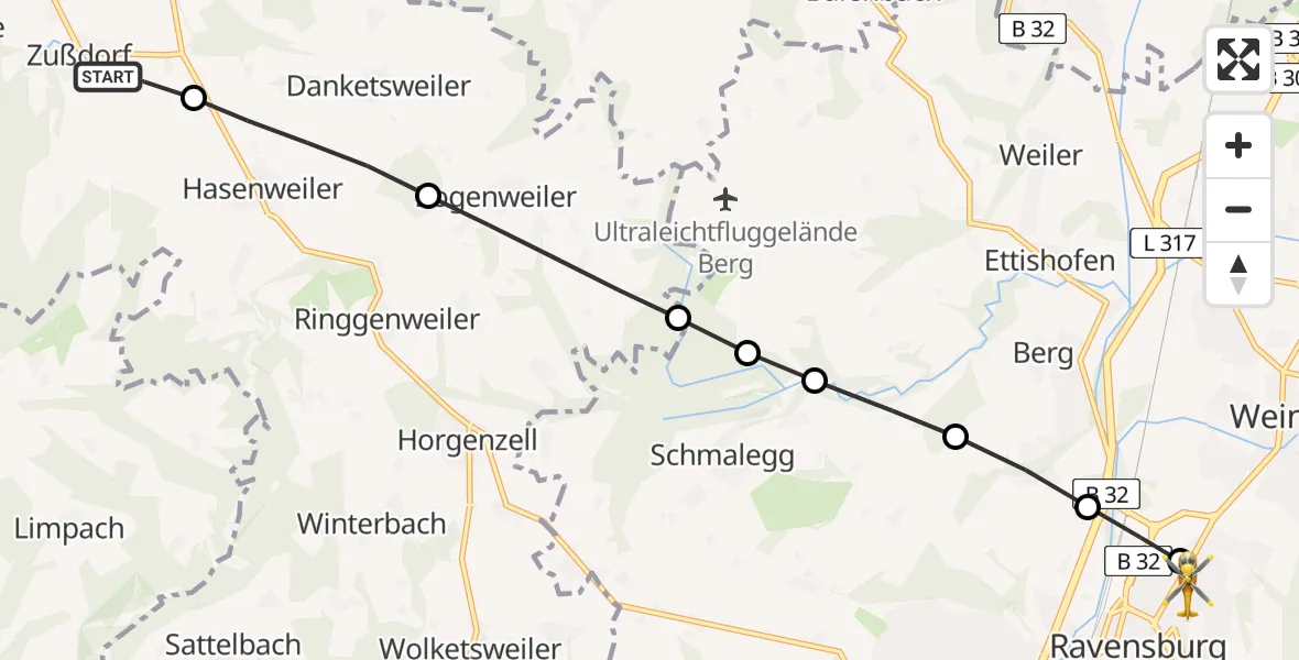 Flugroute Rettungshubschrauber Wilhelmsdorf - Sankt Elisabeth Hospital Heliport, 25 Februar 2026, 12:13