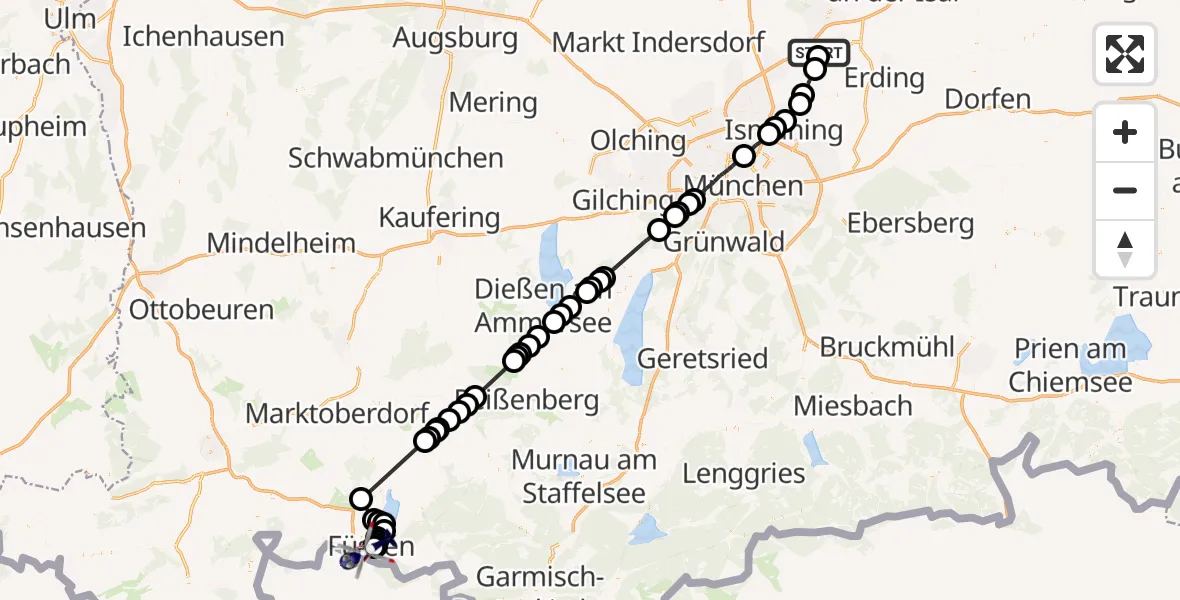 Flugroute Polizeihubschrauber Munich Airport - Füssen, 25 Februar 2026, 12:16