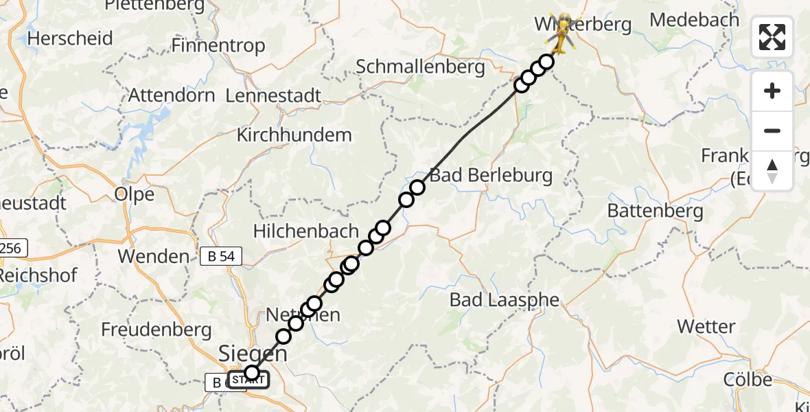 Flugroute Rettungshubschrauber Evangelisches Jung-Stilling Hospital Helipad - Winterberg, 25 Februar 2026, 12:24
