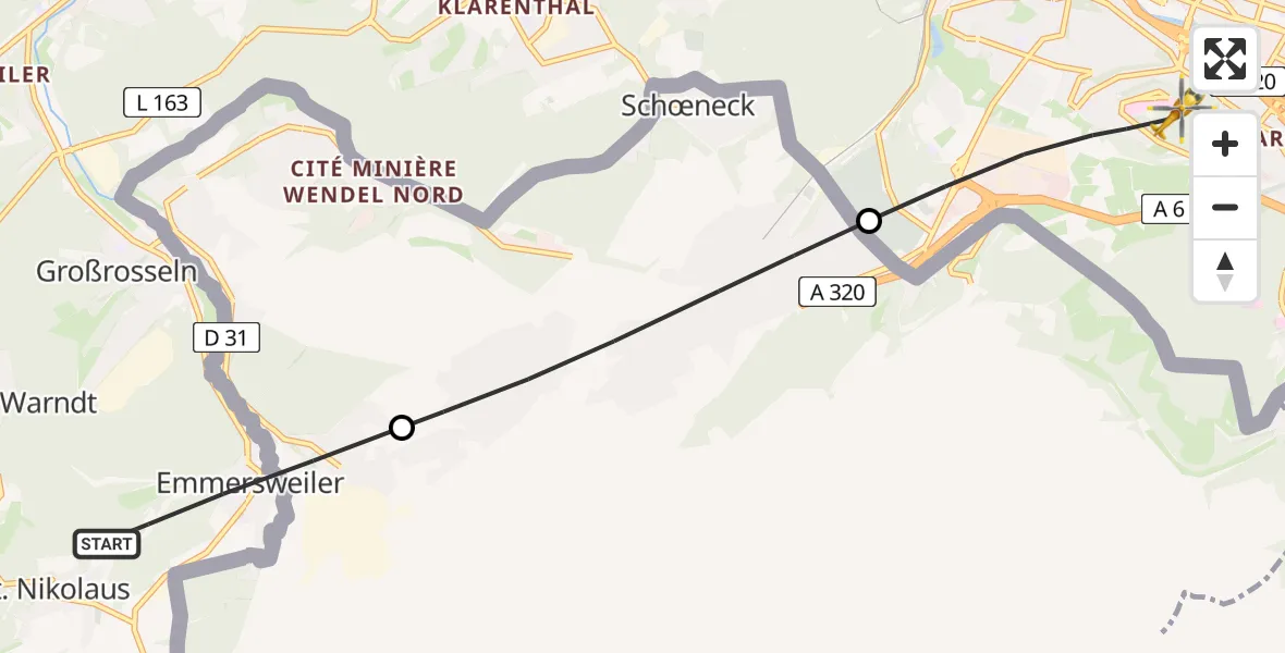 Flugroute Rettungshubschrauber Großrosseln - Saarbrücken, 25 Februar 2026, 12:27