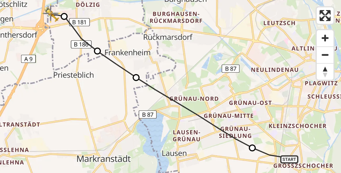 Flugroute Rettungshubschrauber Südwest - ADAC Air Rescue Station Leipzig/Schkeuditz-Dölzig Heliport (Christoph 61), 25 Februar 2026, 12:29