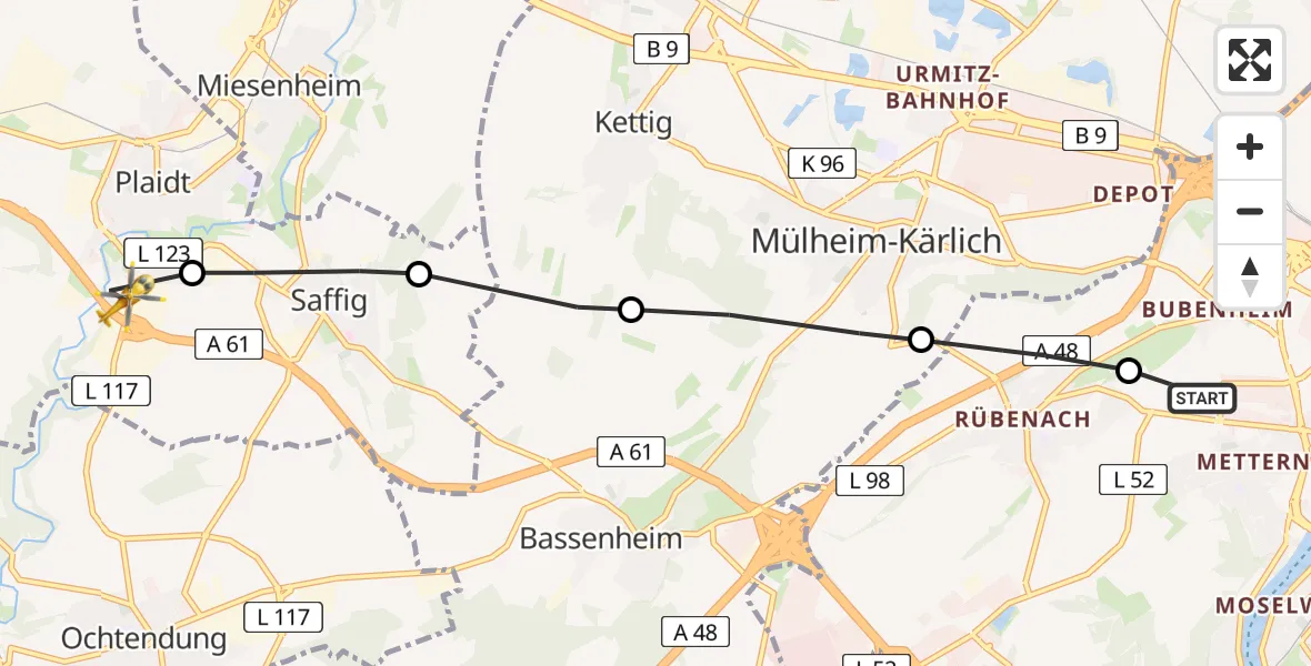 Flugroute Rettungshubschrauber Bubenheim - Plaidt, 25 Februar 2026, 12:29