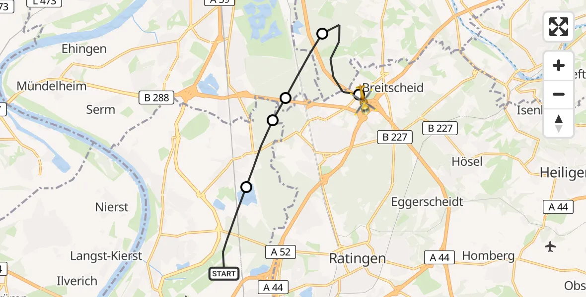 Flugroute Rettungshubschrauber Düsseldorf Airport - Breitscheid, 25 Februar 2026, 12:30