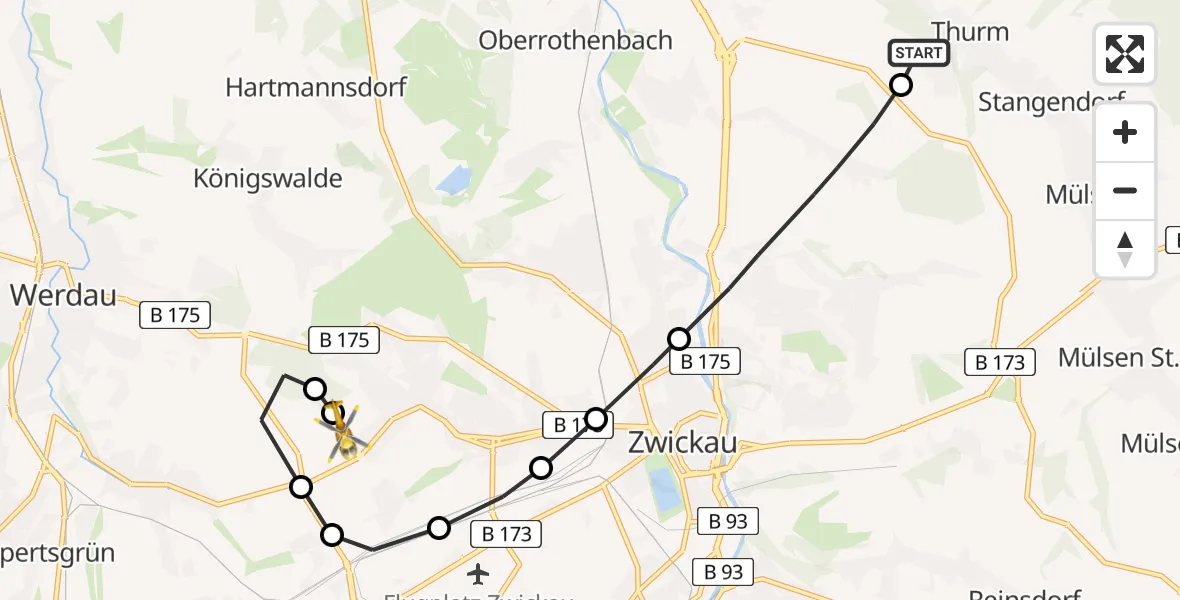 Flugroute Rettungshubschrauber Mülsen - ADAC Air Rescue Station Zwickau Heliport, 25 Februar 2026, 12:34