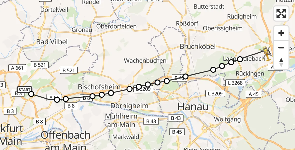 Flugroute Rettungshubschrauber Frankfurt am Main Accident Hospital Roof Helipad (CHX2) - Langendiebach, 25 Februar 2026, 12:34