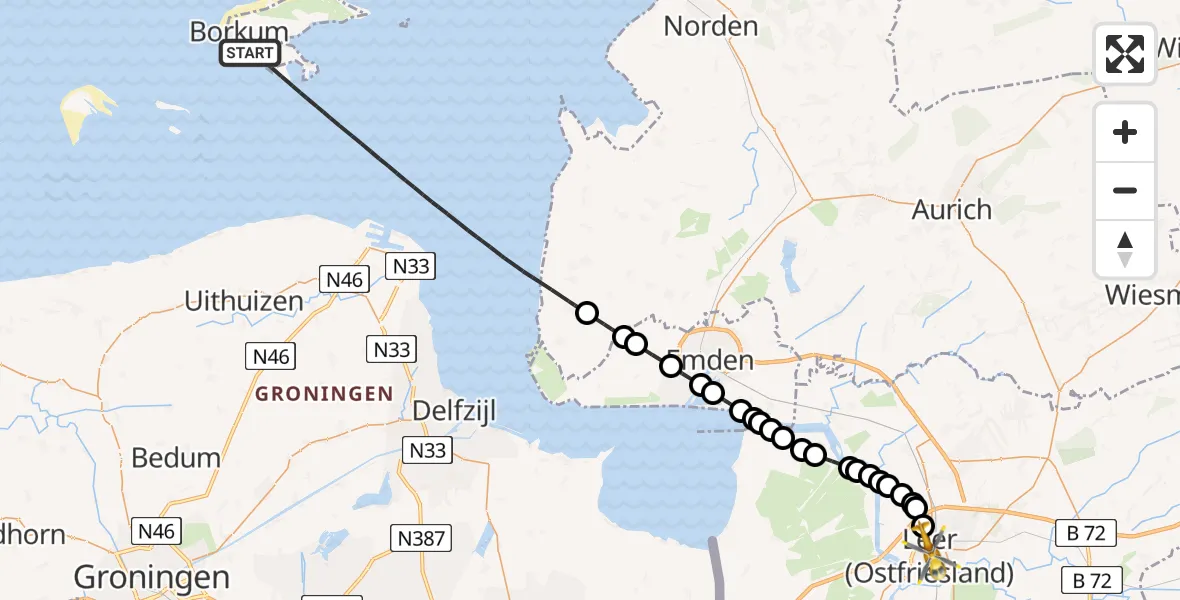 Flugroute Ambulanzhubschrauber Noordzee - Leer (Ostfriesland), 25 Februar 2026, 12:43
