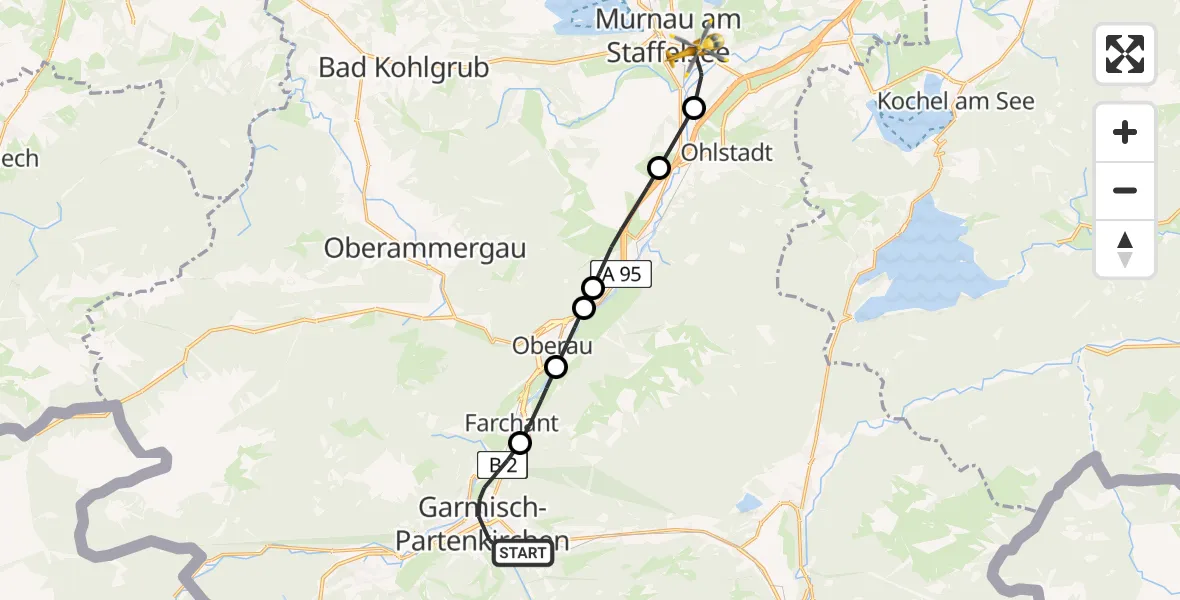 Flugroute Rettungshubschrauber Garmisch-Partenkirchen - Murnau Accident Hospital Heliport, 25 Februar 2026, 12:44