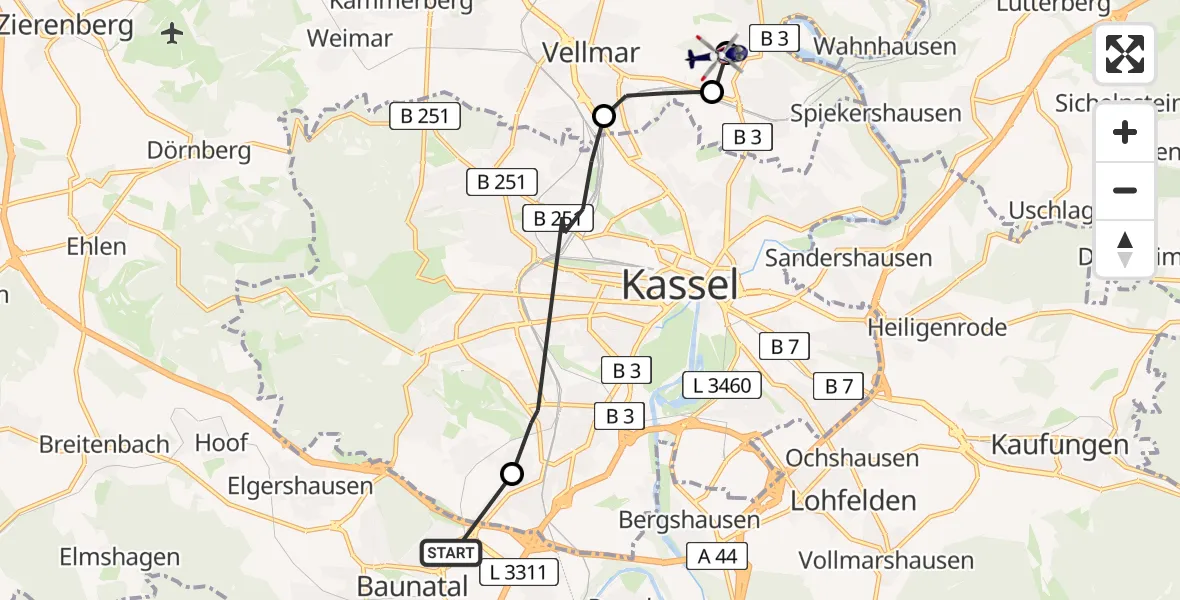Flugroute Polizeihubschrauber Baunatal - Ihringshausen, 25 Februar 2026, 12:44