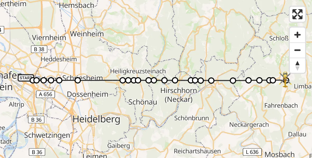 Flugroute Rettungshubschrauber Mannheim-City Airport - Krumbach, 25 Februar 2026, 12:51