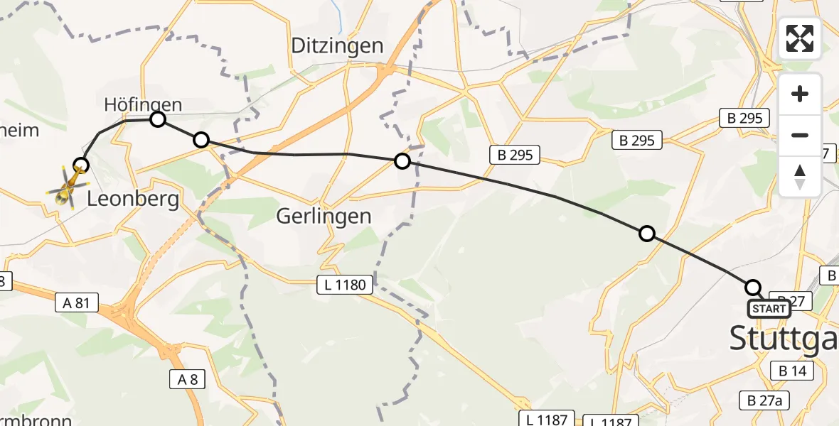 Routekaart van de vlucht: Rettungshubschrauber nach Leonberg Hospital Heliport