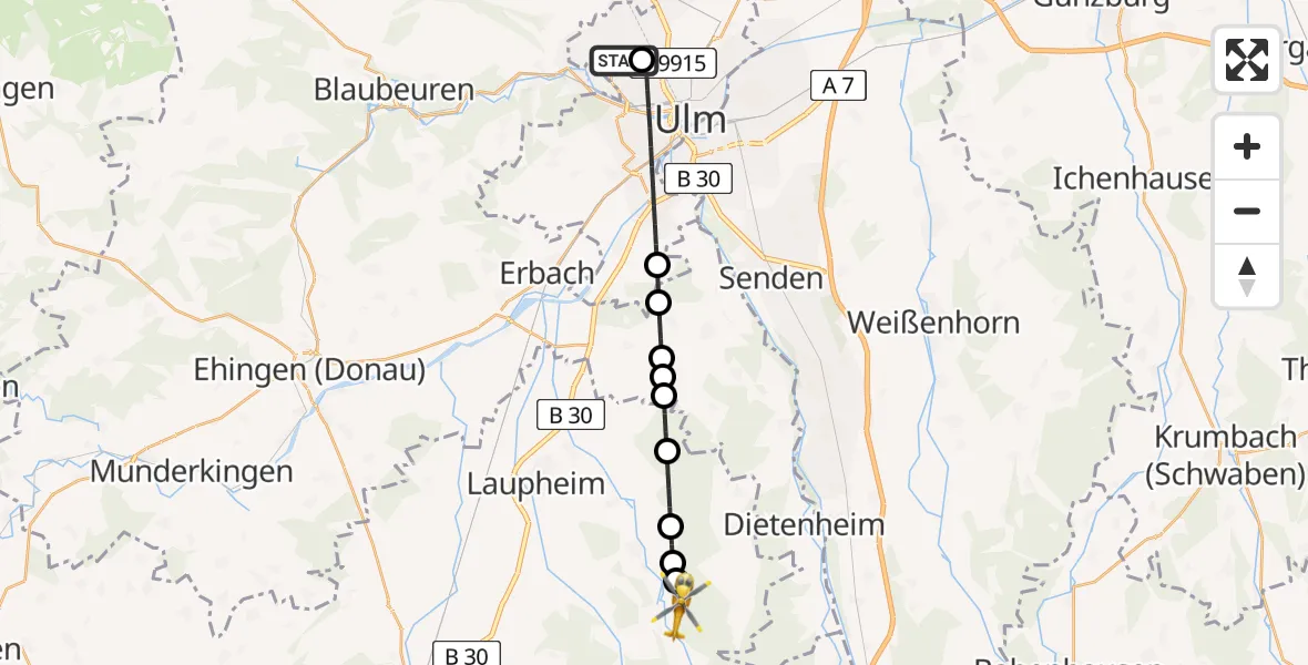 Flugroute Rettungshubschrauber ADAC Air Rescue Station Ulm (Christoph 22) - Schwendi, 25 Februar 2026, 12:55