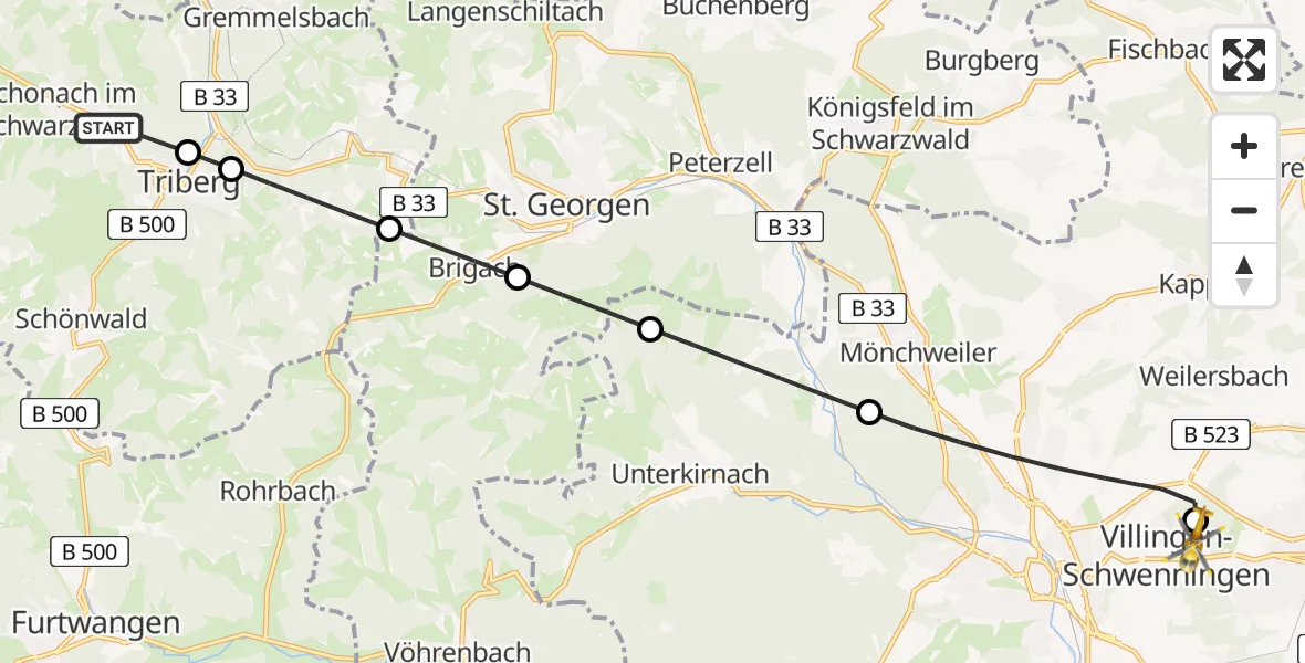 Flugroute Rettungshubschrauber Schonach im Schwarzwald - DRF Air Rescue Station Villingen-Schwenningen Heliport (Christoph 11), 25 Februar 2026, 13:03