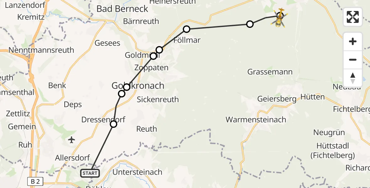 Flugroute Rettungshubschrauber Bayreuth - Bischofsgrün, 25 Februar 2026, 13:09