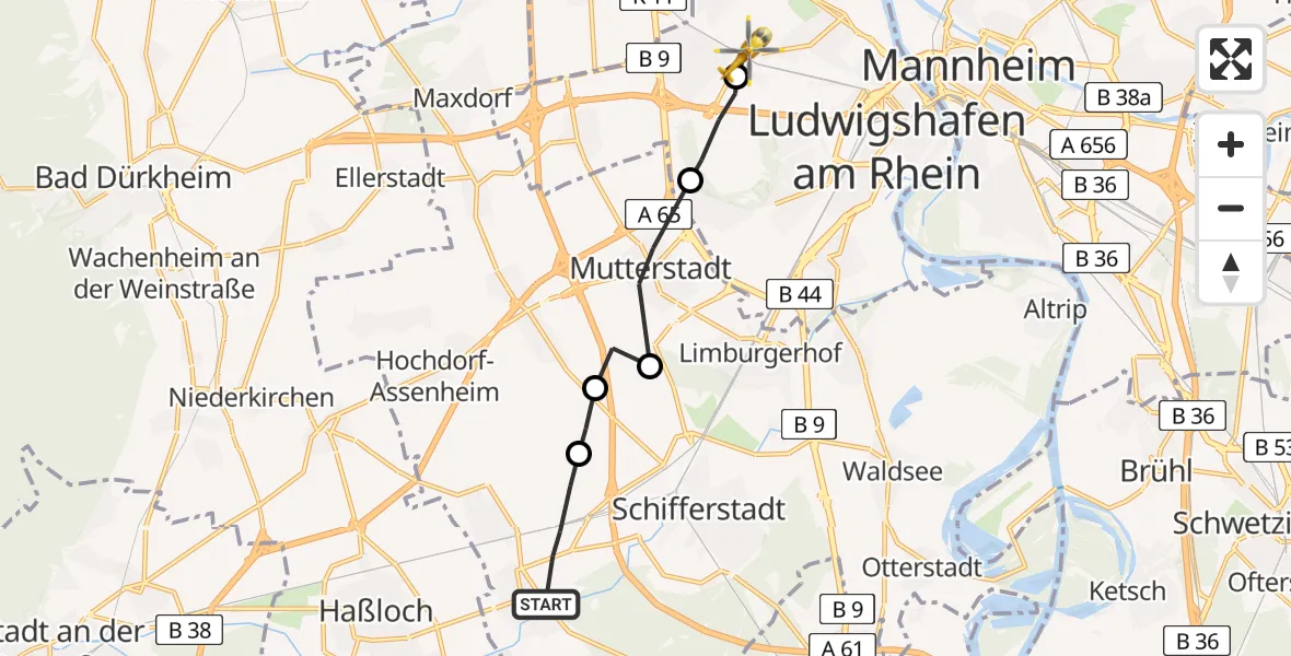 Flugroute Rettungshubschrauber Böhl-Iggelheim - Ludwigshafen am Rhein, 25 Februar 2026, 13:15