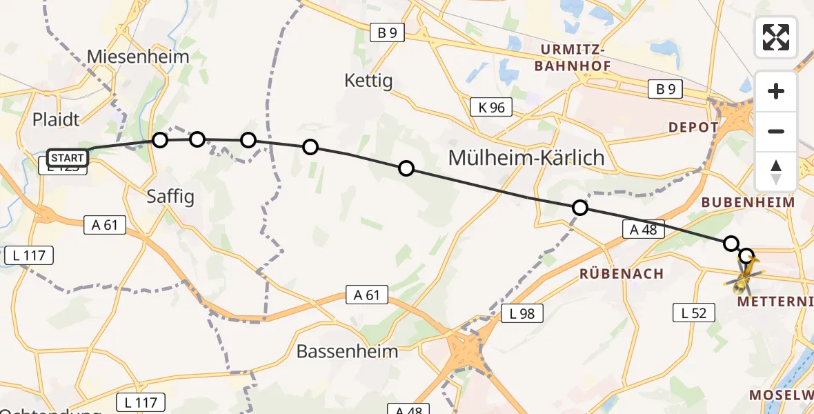 Flugroute Rettungshubschrauber Plaidt - Koblenz, 25 Februar 2026, 13:16