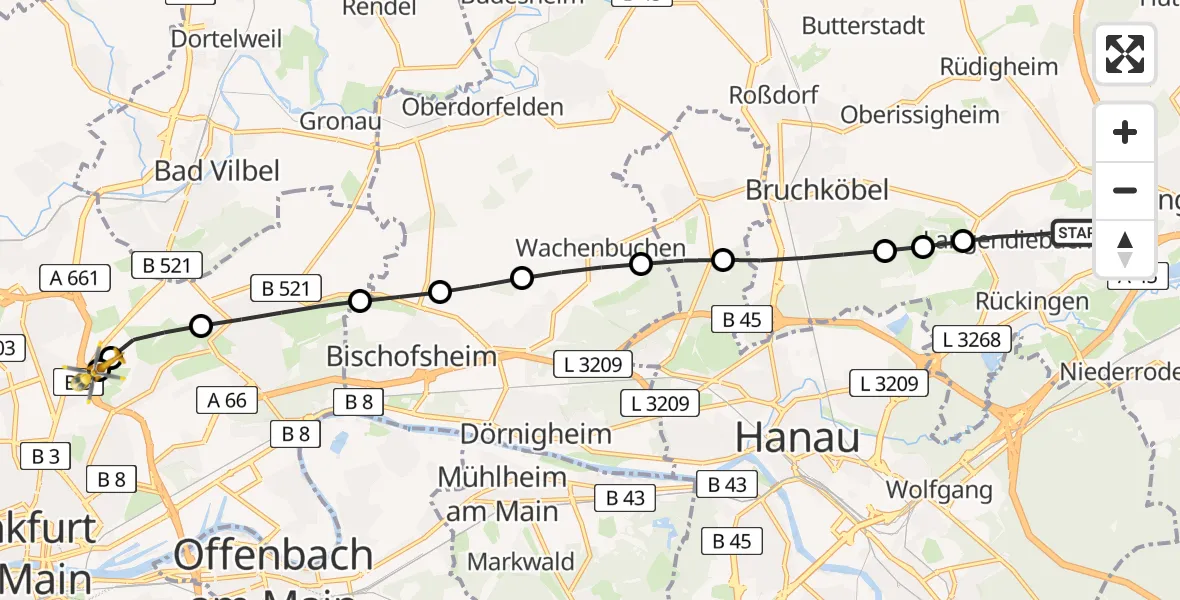 Flugroute Rettungshubschrauber Langendiebach - Frankfurt am Main Accident Hospital Roof Helipad, 25 Februar 2026, 13:20