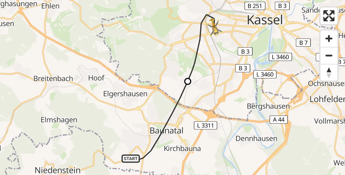 Flugroute Rettungshubschrauber Baunatal - Kassel, 25 Februar 2026, 13:29