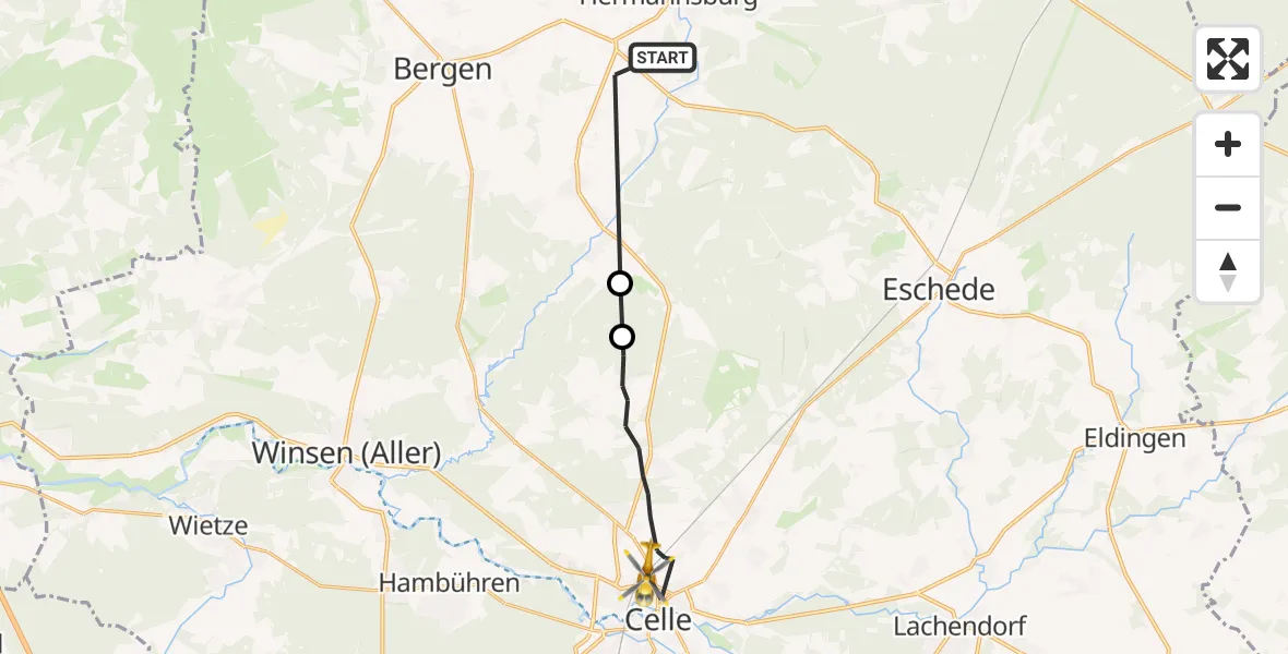 Flugroute Rettungshubschrauber Hermannsburg - Celle, 25 Februar 2026, 13:31