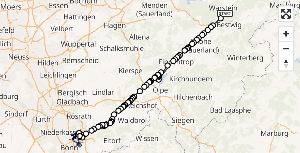 Flugroute Polizeihubschrauber Warstein - Bonn-Hangelar Airfield, 25 Februar 2026, 13:32