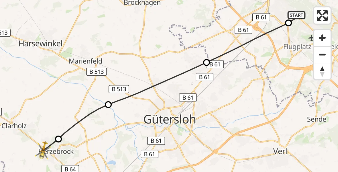 Flugroute Rettungshubschrauber Luftrettungszentrum Bielefeld - Herzebrock, 25 Februar 2026, 13:32