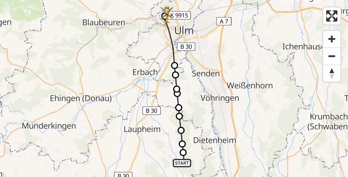 Flugroute Rettungshubschrauber Schwendi - Ulm Military Hospital Emergency Heliport, 25 Februar 2026, 13:34