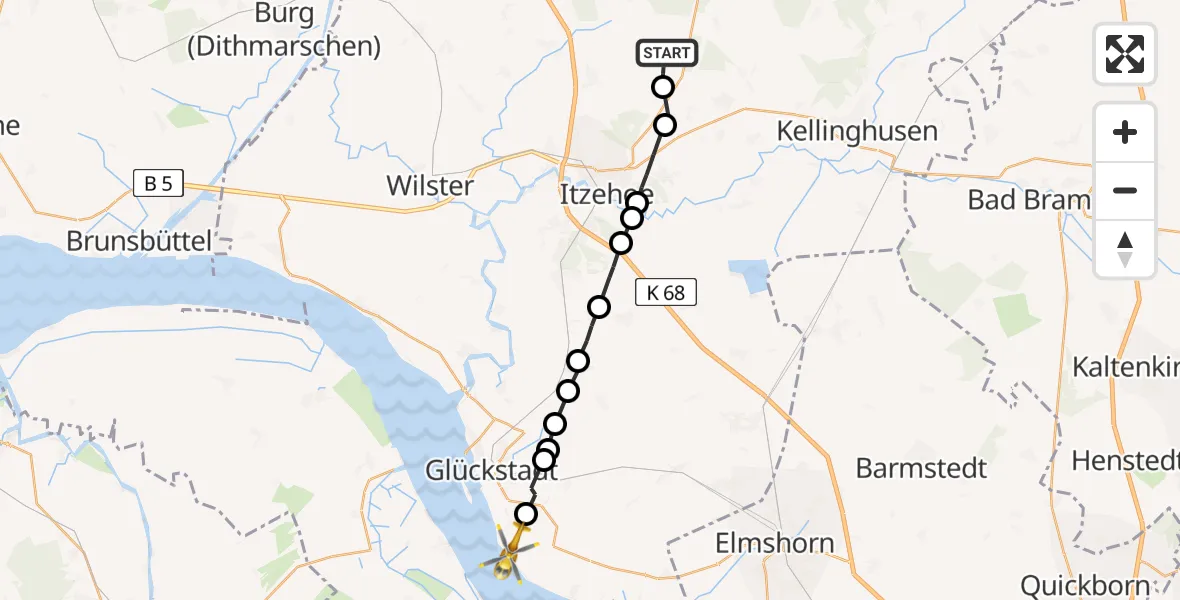 Flugroute Rettungshubschrauber Hohenlockstedt - Kollmar, 25 Februar 2026, 13:37