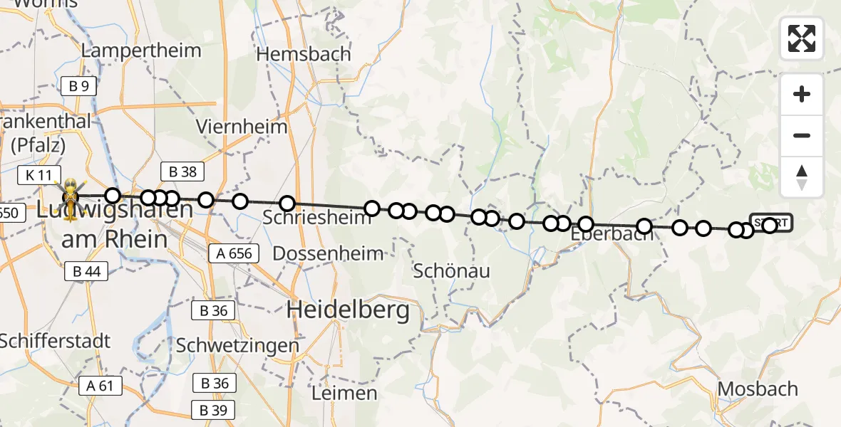 Flugroute Rettungshubschrauber Krumbach - Ludwigshafen Accident Hospital Heliport, 25 Februar 2026, 13:41