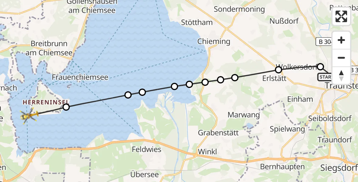 Flugroute Rettungshubschrauber Traunstein Hospital Helipad - Chiemsee, 25 Februar 2026, 13:41