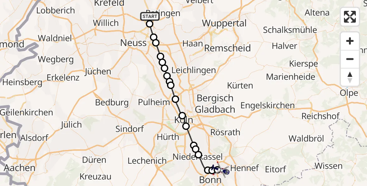 Flugroute Polizeihubschrauber Düsseldorf Airport - Sankt Augustin, 25 Februar 2026, 13:47