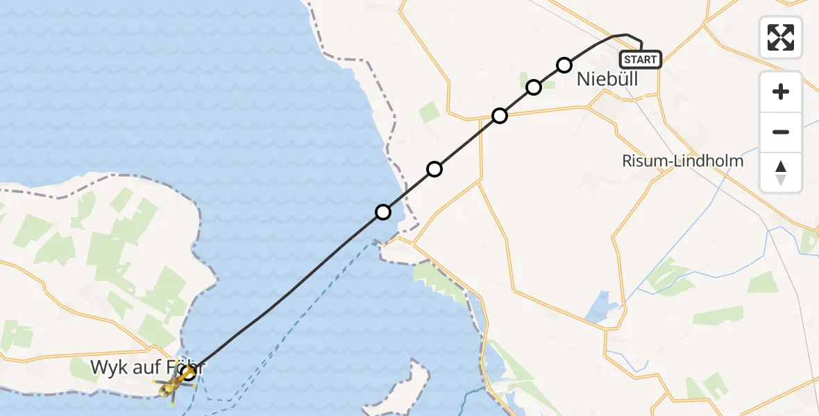 Flugroute Rettungshubschrauber Niebüll - Wyk auf Föhr, 25 Februar 2026, 13:49