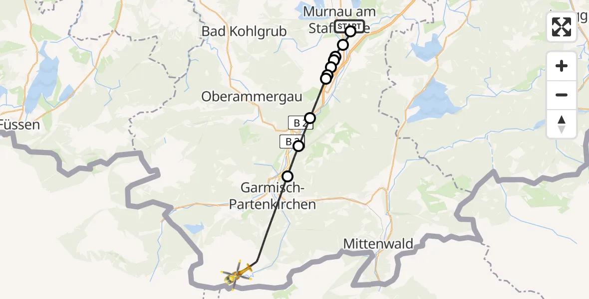 Flugroute Rettungshubschrauber Murnau Accident Hospital Heliport - Garmisch-Partenkirchen, 25 Februar 2026, 13:54
