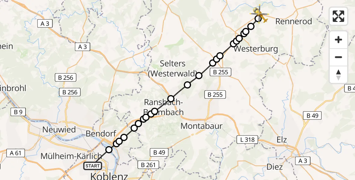 Flugroute Rettungshubschrauber Koblenz - Schönberg, 25 Februar 2026, 14:05