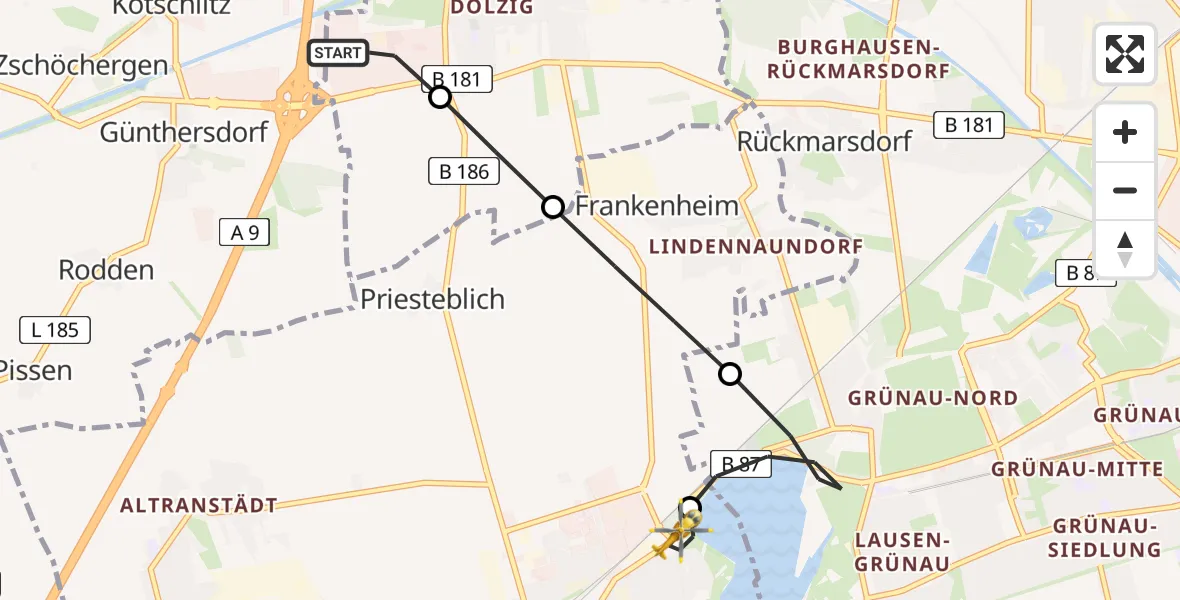 Flugroute Rettungshubschrauber ADAC Air Rescue Station Leipzig/Schkeuditz-Dölzig Heliport (Christoph 61) - Markranstädt, 25 Februar 2026, 14:12