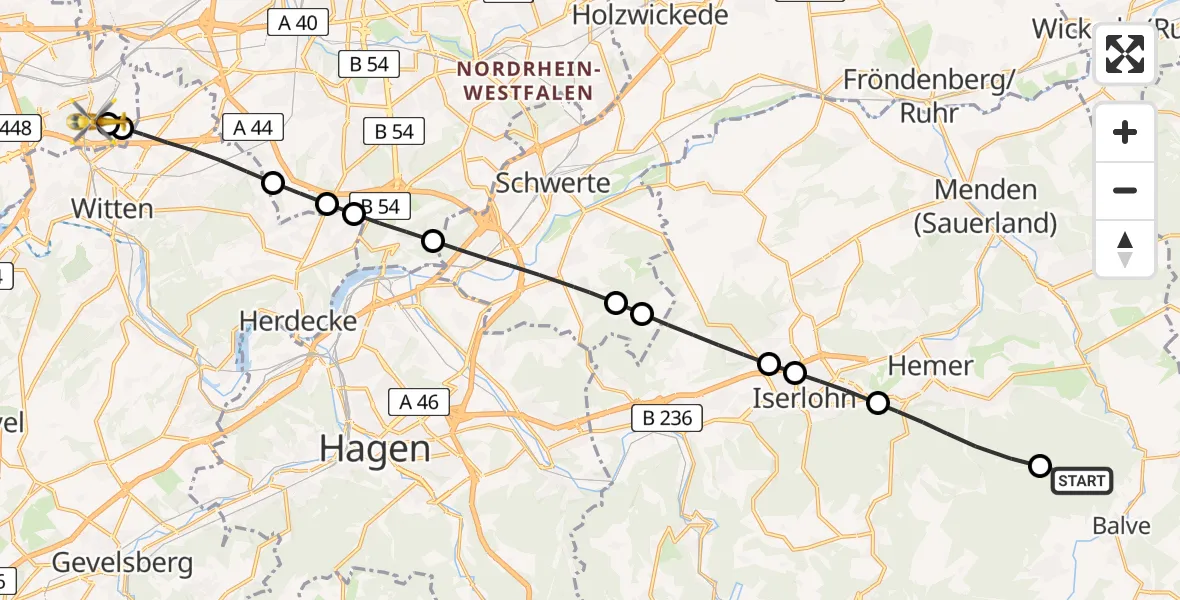 Routekaart van de vlucht: Rettungshubschrauber nach Bochum University Miners' Hospital Heliport