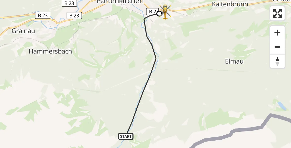 Flugroute Rettungshubschrauber Garmisch-Partenkirchen - Garmisch-Partenkirchen Clinic Heliport, 25 Februar 2026, 14:24
