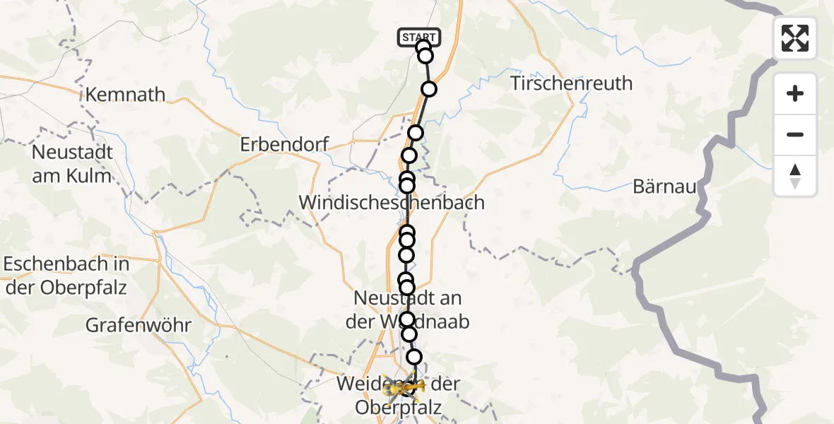 Flugroute Rettungshubschrauber Kornthan - Weiden Hospital Heliport, 25 Februar 2026, 14:28