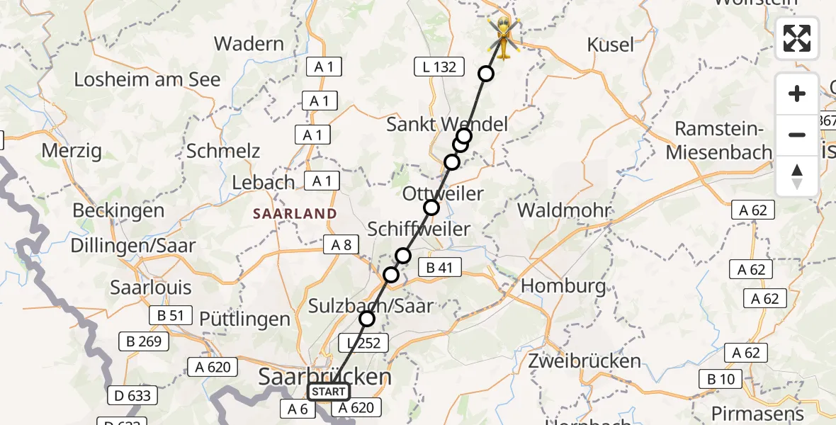 Flugroute Rettungshubschrauber Saarbrücken - Freisen, 25 Februar 2026, 14:32