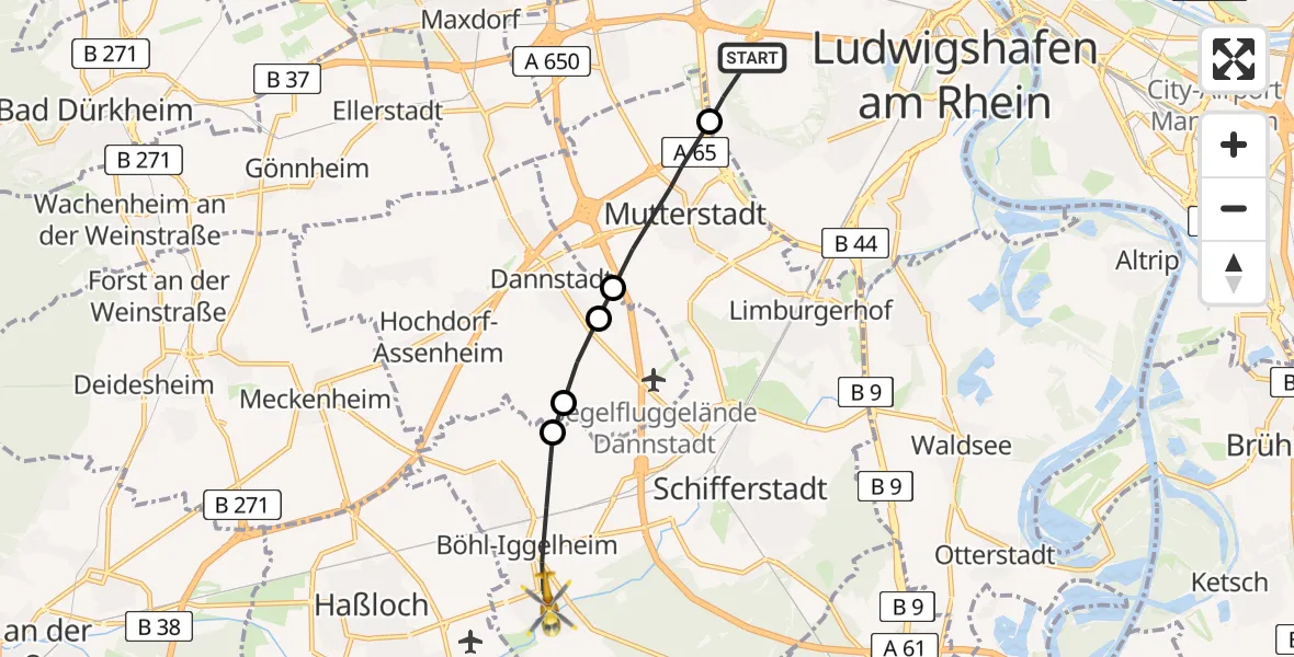 Flugroute Rettungshubschrauber Ludwigshafen am Rhein - Böhl-Iggelheim, 25 Februar 2026, 14:36