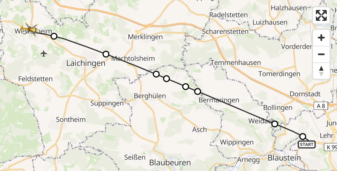 Flugroute Rettungshubschrauber ADAC Air Rescue Station Ulm (Christoph 22) - Westerheim, 25 Februar 2026, 14:46