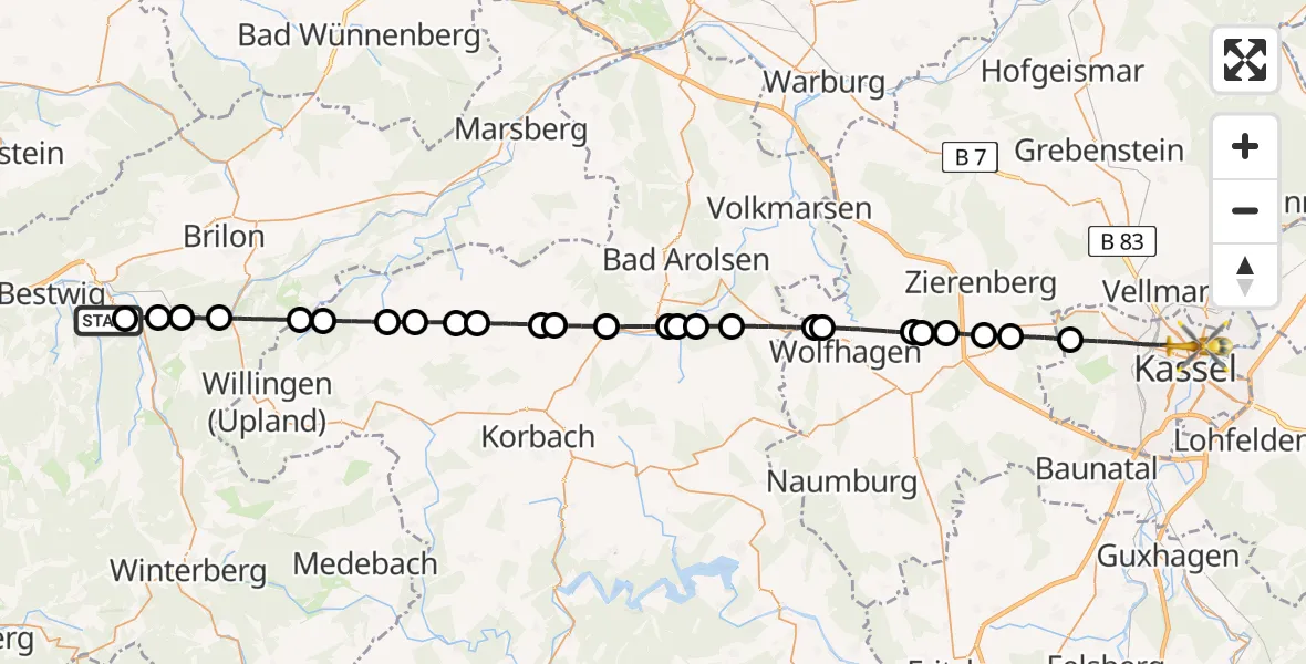 Flugroute Rettungshubschrauber Bigge - Kassel, 25 Februar 2026, 14:48