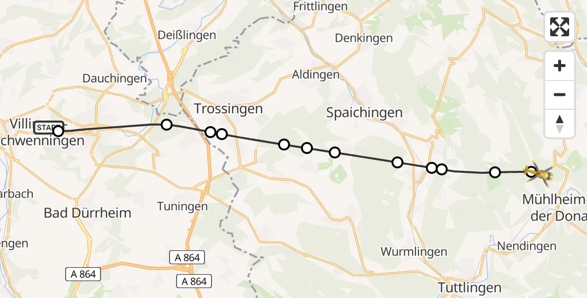 Routekaart van de vlucht: Rettungshubschrauber nach Mühlheim an der Donau, Lippachtalweg