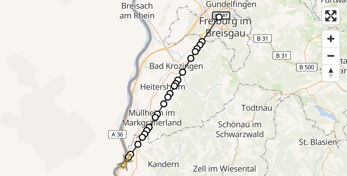 Flugroute Rettungshubschrauber Freiburg im Breisgau Airfield - Bamlach, 25 Februar 2026, 14:52