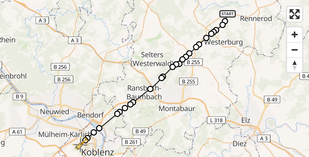 Flugroute Rettungshubschrauber Schönberg - Koblenz, 25 Februar 2026, 14:55