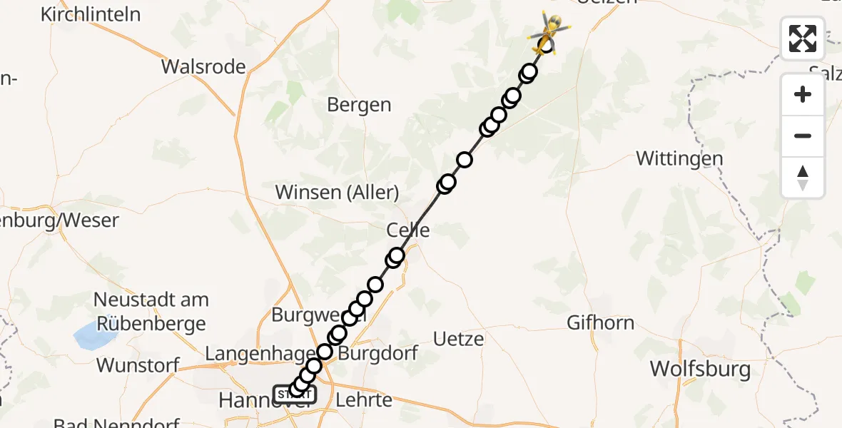 Flugroute Rettungshubschrauber Hannover Air Rescue Heliport (Christoph 4) - Suderburg, 25 Februar 2026, 14:56